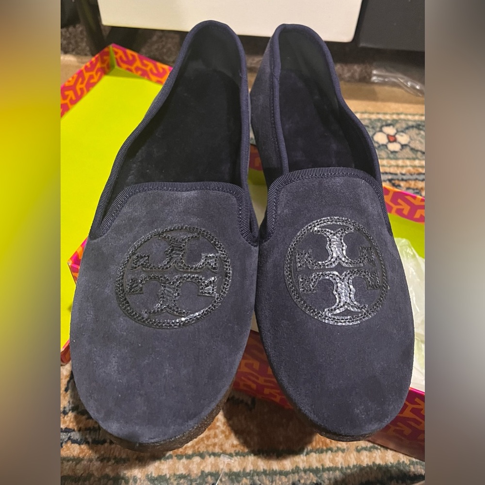 Tory Burch Billy Flannel Shearling Logo Slippers 9